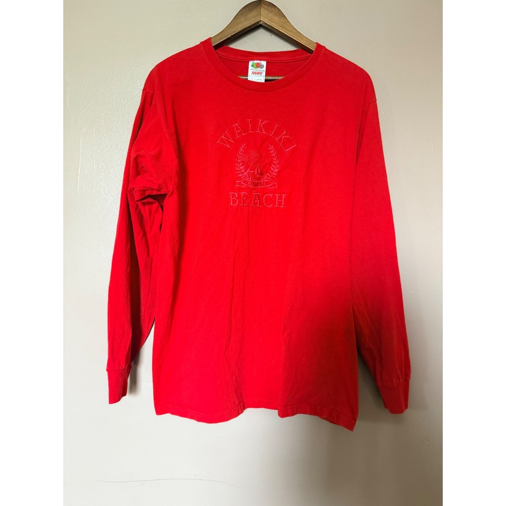 Fruit of the Loom Large Red Long Sleeve Waikiki Beach Hawaii Embroidered Tee